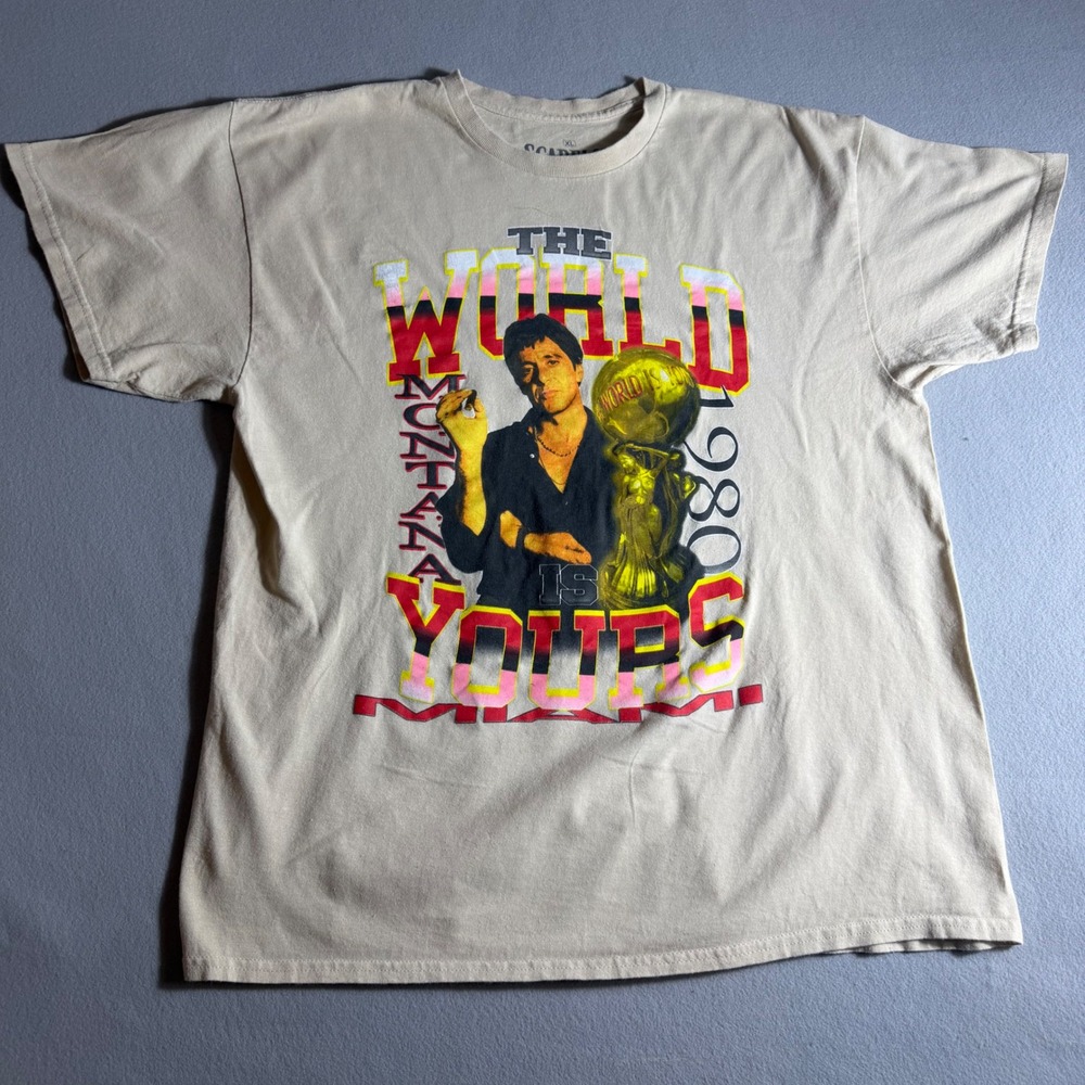 Scarface Tony Montana The World Is Yours Graphic T-Shirt Tan Mens XL 1980s Miami